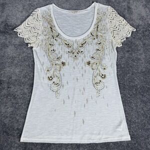 Miss Me Cream Embellished Crochet Sleeve Short Sleeve Tee